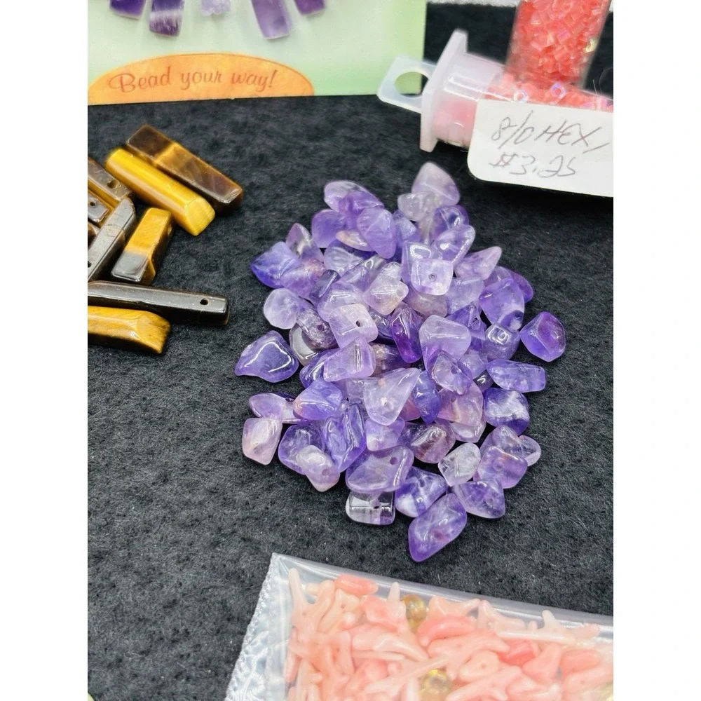Lot of Jewelry Making Bead mix Amethyst Gemstone Chips Jade shell olive wood Hex